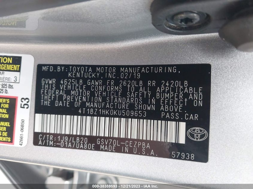 2019 TOYOTA CAMRY XSE/XLE - 4T1BZ1HK0KU509653