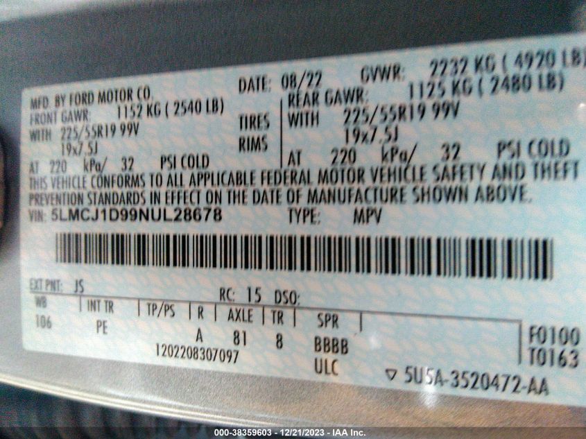 2022 LINCOLN CORSAIR - 5LMCJ1D99NUL28678