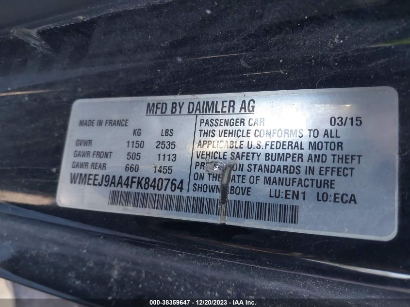 2015 SMART FORTWO ELECTRIC DRIVE PASSION WMEEJ9AA4FK840764