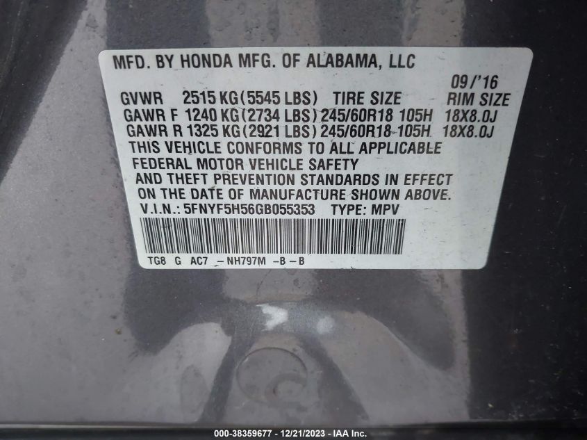 2016 HONDA PILOT EXL - 5FNYF5H56GB055353