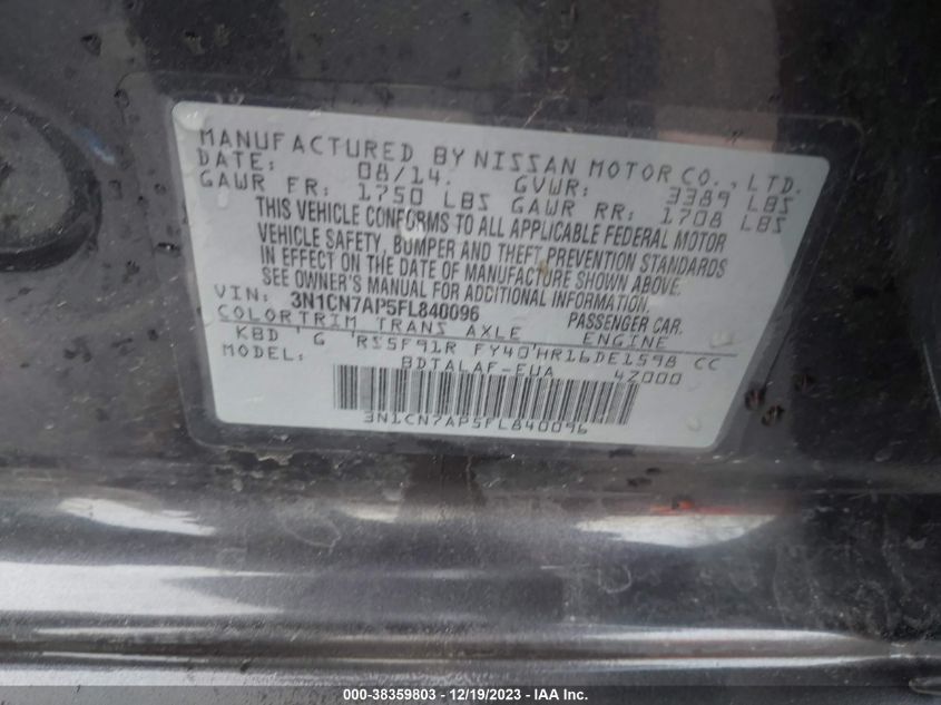 2015 NISSAN VERSA 1.6 S - 3N1CN7AP5FL840096
