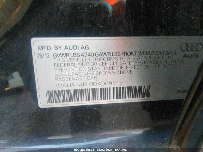 2013 AUDI A4 2.0T PREMIUM - WAUAFAFL0DA069519