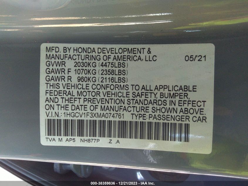 2021 HONDA ACCORD SPORT - 1HGCV1F3XMA074761