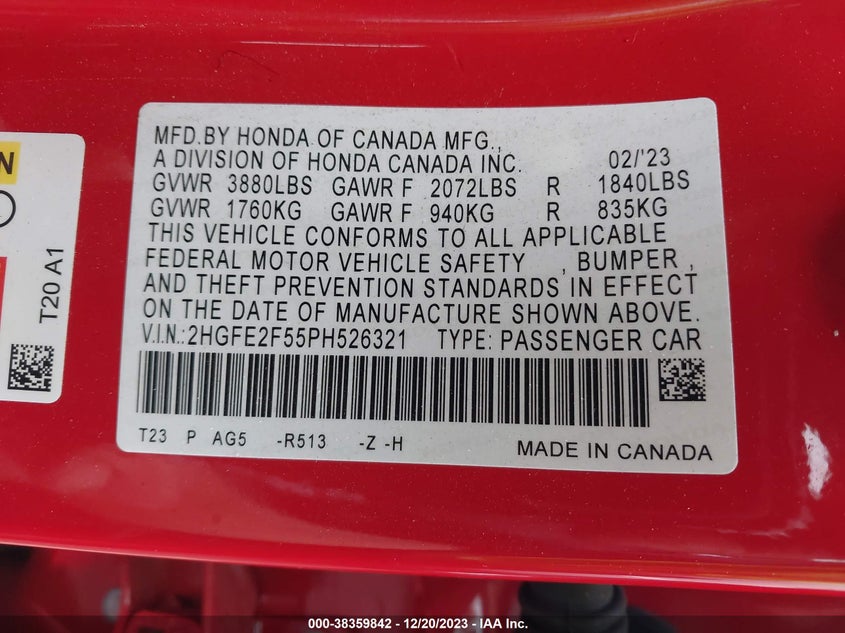 VIN 2HGFE2F55PH526321 2023 HONDA CIVIC SPORT