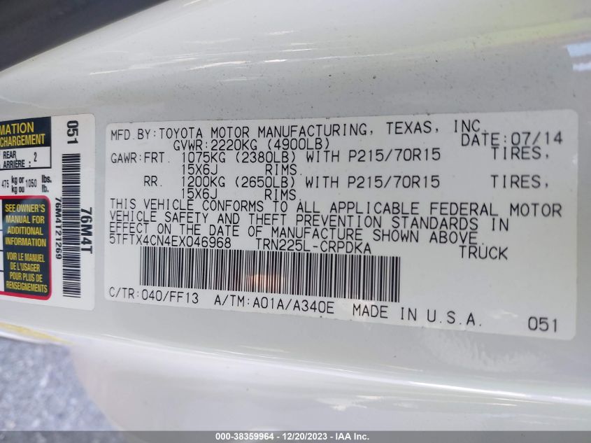 2014 TOYOTA TACOMA ACCESS CAB - 5TFTX4CN4EX046968