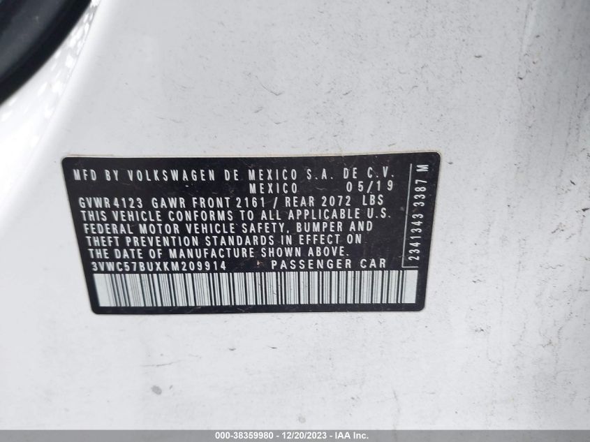 2019 VOLKSWAGEN JETTA 1.4T R-LINE/1.4T S/1.4T SE - 3VWC57BUXKM209914
