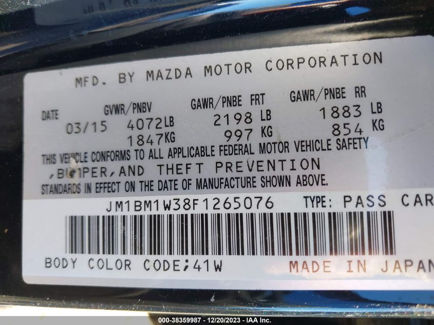 2015 MAZDA MAZDA3 S GRAND TOURING - JM1BM1W38F1265076