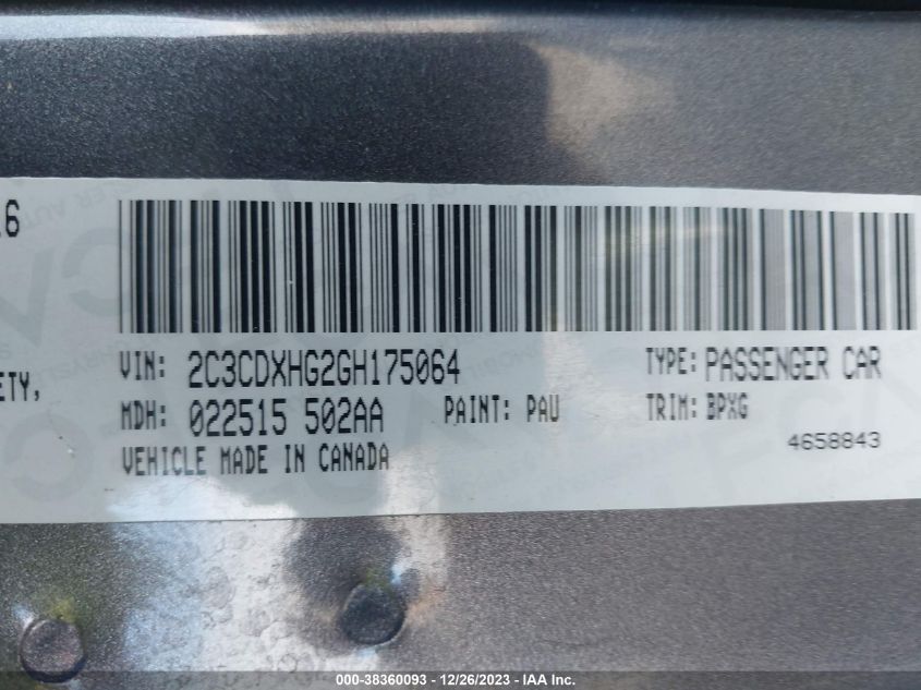 2016 DODGE CHARGER SXT - 2C3CDXHG2GH175064