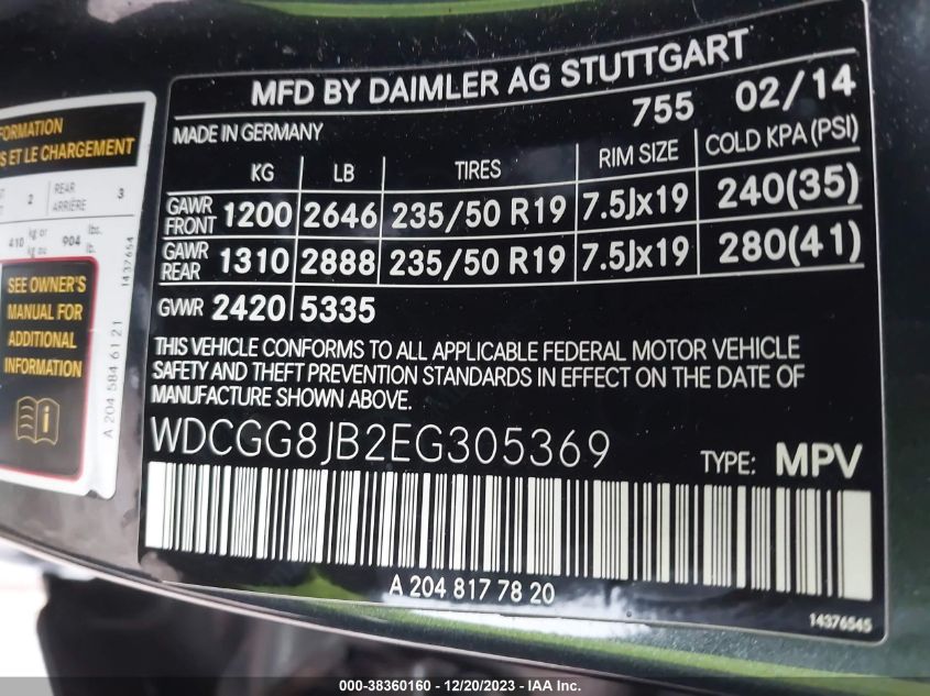 2014 MERCEDES-BENZ GLK 350 4MATIC WDCGG8JB2EG305369