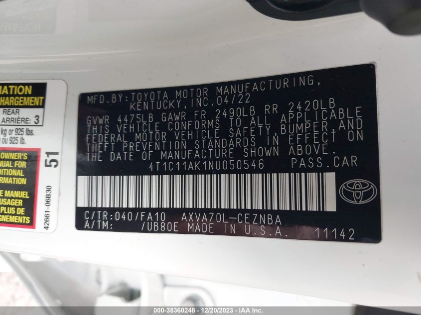 2022 TOYOTA CAMRY LE - 4T1C11AK1NU050546