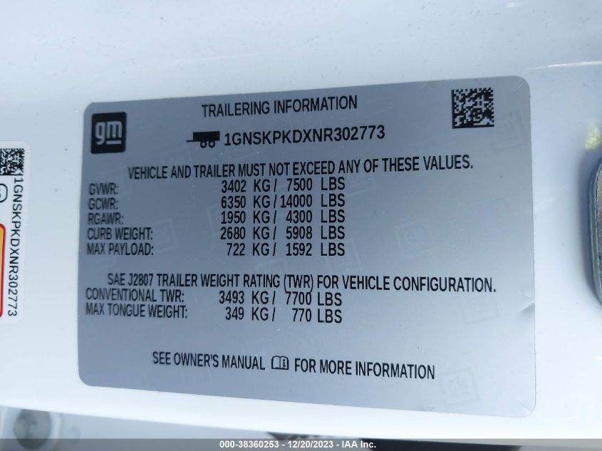2022 CHEVROLET TAHOE K1500 Z71 - 1GNSKPKDXNR302773