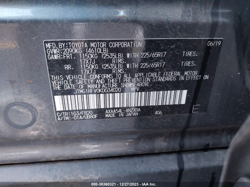 2019 TOYOTA RAV4 LE - JTMG1RFV0KD034020