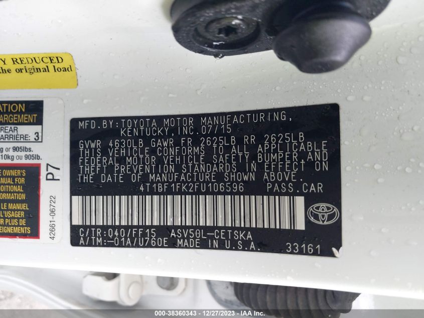 2015 TOYOTA CAMRY LE/SE/XLE/XSE - 4T1BF1FK2F4106596