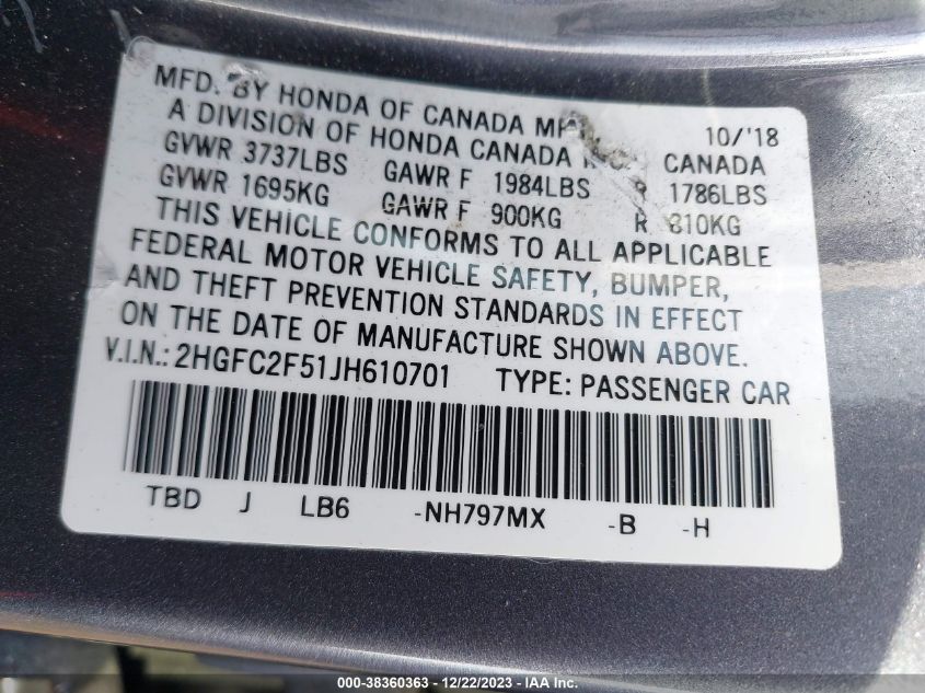 2018 HONDA CIVIC LX - 2HGFC2F51JH610701