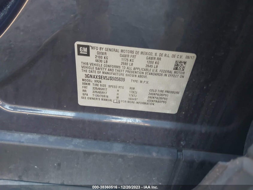 VIN 3GNAXSEV5JS505839 2018 CHEVROLET EQUINOX LT