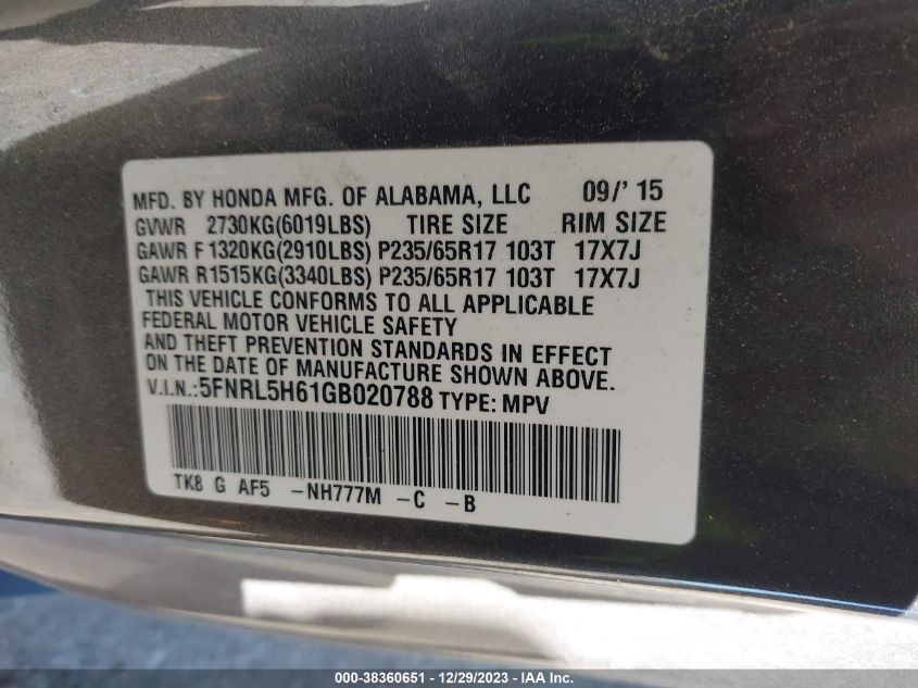 2016 HONDA ODYSSEY EX-L - 5FNRL5H61GB020788