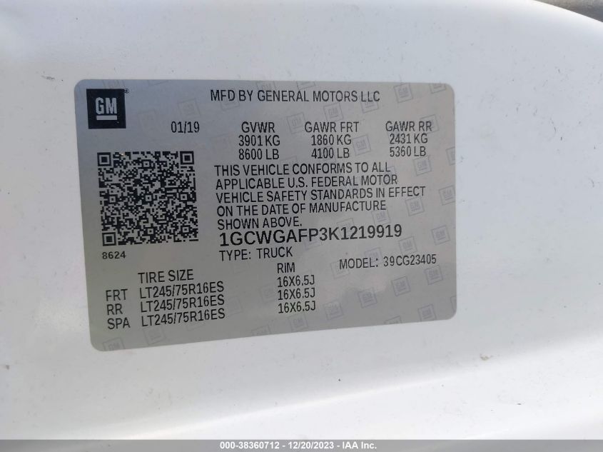 2019 CHEVROLET EXPRESS 2500 1GCWGAFP3K1219919