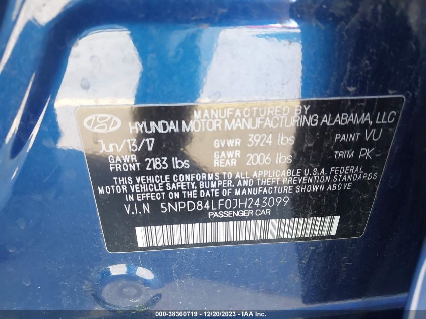 2018 HYUNDAI ELANTRA SEL - 5NPD84LF0JH243099