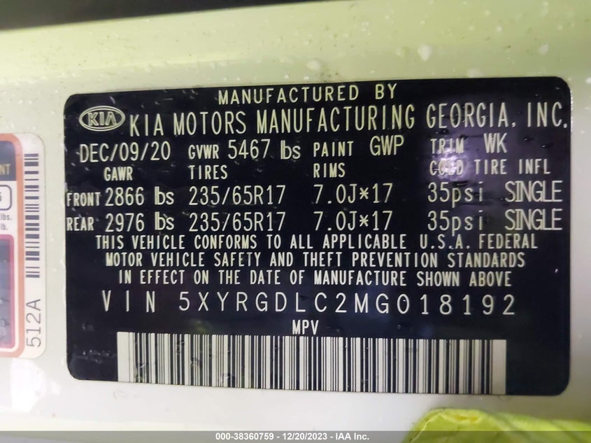 VIN 5XYRGDLC2MG018192 2021 KIA SORENTO LX