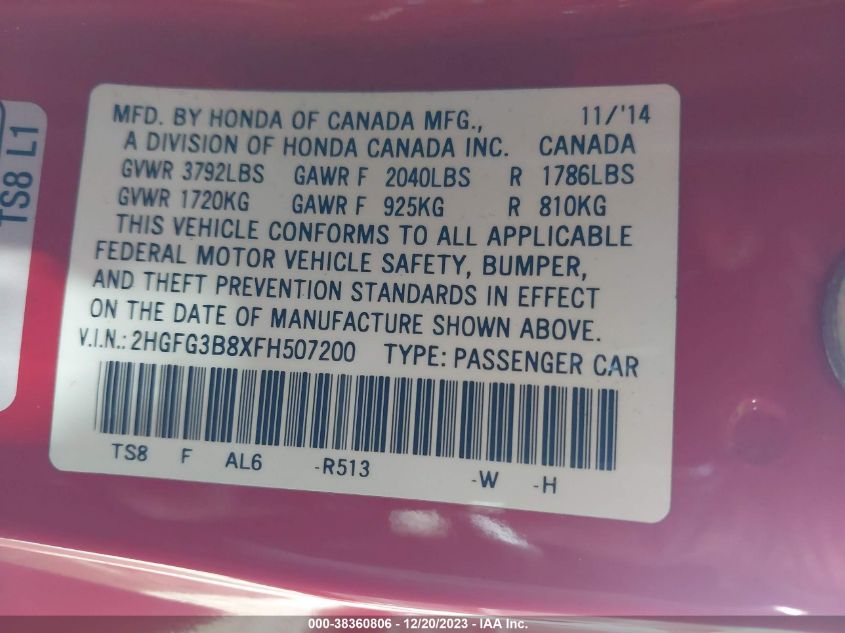 2015 HONDA CIVIC EX - 2HGFG3B8XFH507200