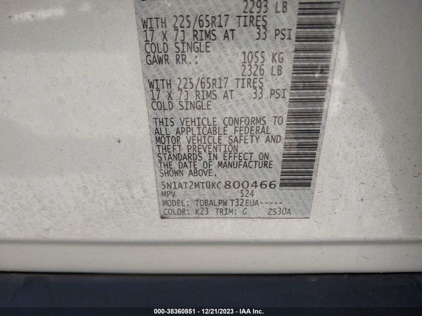 2019 NISSAN ROGUE S/SL/SV - 5N1AT2MT0KC800466