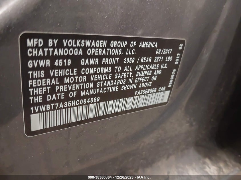 VIN 1VWBT7A35HC064589 2017 VOLKSWAGEN PASSAT 1.8T SE