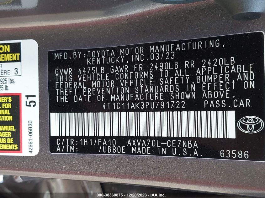 2023 TOYOTA CAMRY LE - 4T1C11AK3PU791722
