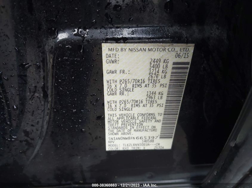 2015 NISSAN XTERRA S - 5N1AN0NW8FN665397
