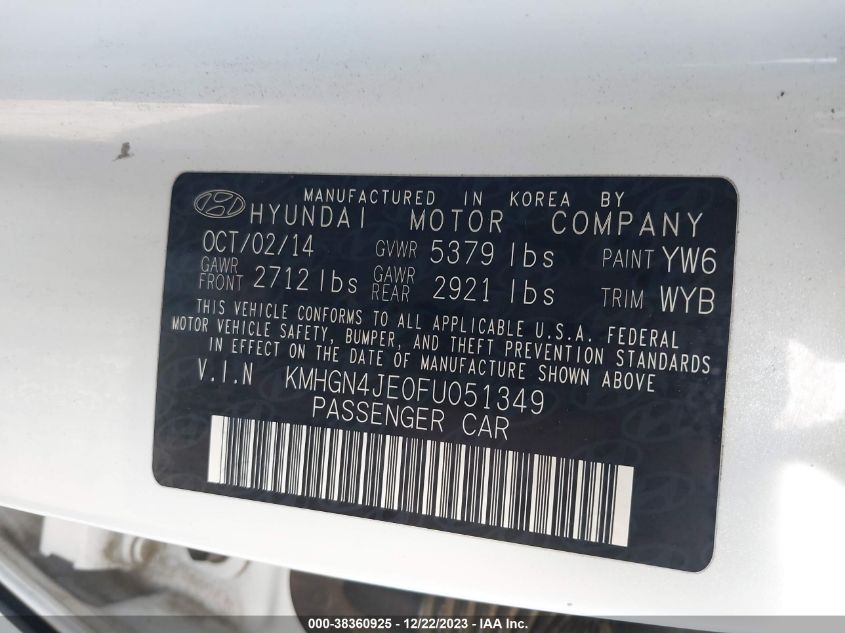2015 HYUNDAI GENESIS 3.8L - KMHGN4JE0FU051349