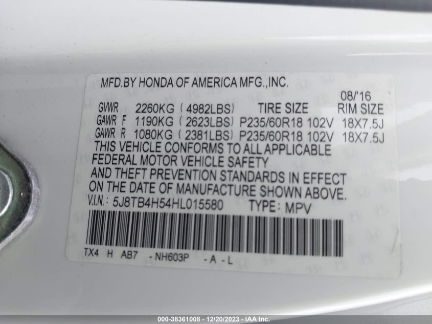 2017 ACURA RDX TECHNOLOGY PKG/W/TECHNOLOGY/ACURAWATCH PLUS PKG - 5J8TB4H54HL015580