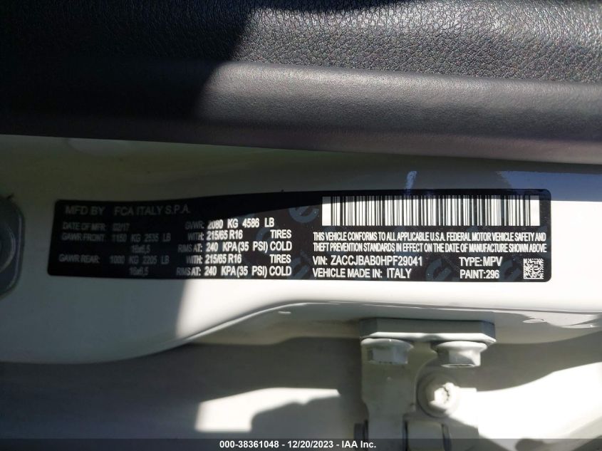 2017 JEEP RENEGADE SPORT 4X4 - ZACCJBAB0HPF29041