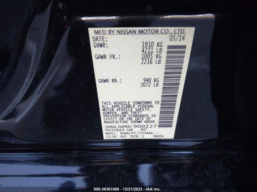 2014 NISSAN ALTIMA 2.5/S/SV/SL - 1N4AL3AP6EC900227