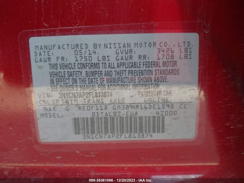 2015 NISSAN VERSA 1.6 SV - 3N1CN7AP2FL813874