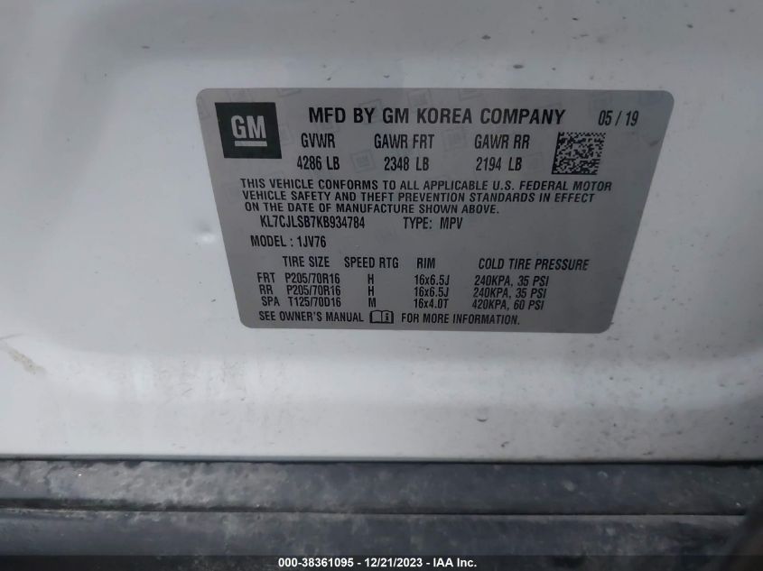 2019 CHEVROLET TRAX 1LT - KL7CJLSB7KB934784
