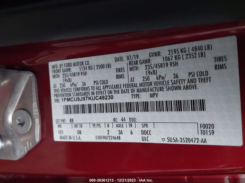 2019 FORD ESCAPE TITANIUM - 1FMCU9J97KUC49230