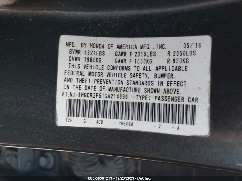 2016 HONDA ACCORD SPORT - 1HGCR2F51GA214969