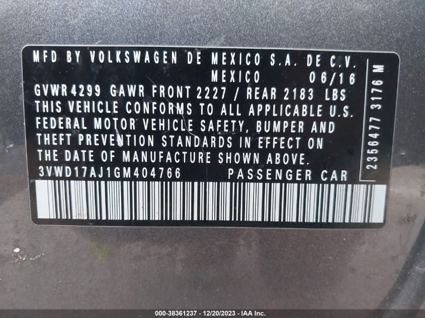 2016 VOLKSWAGEN JETTA 1.8T SPORT - 3VWD17AJ1GM404766