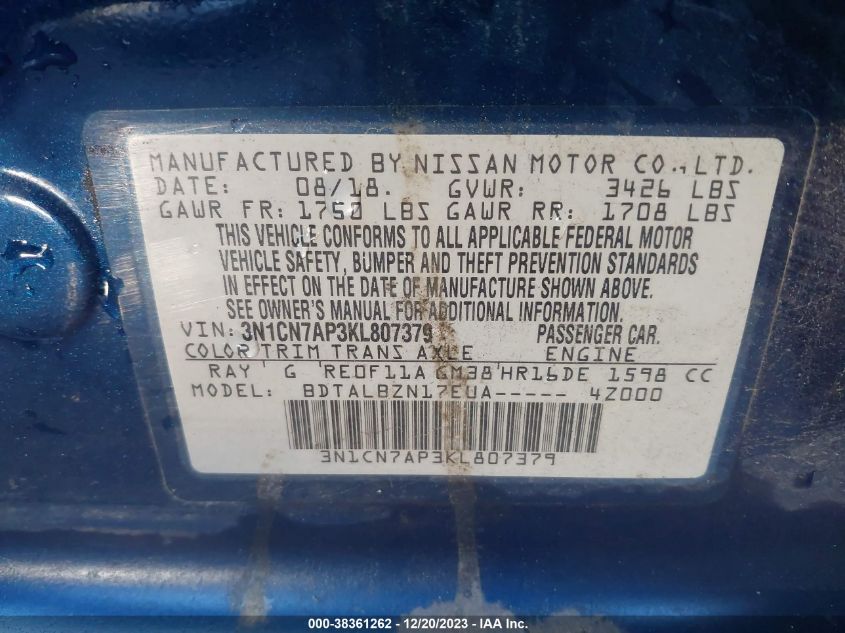 2019 NISSAN VERSA 1.6 SV - 3N1CN7AP3KL807379