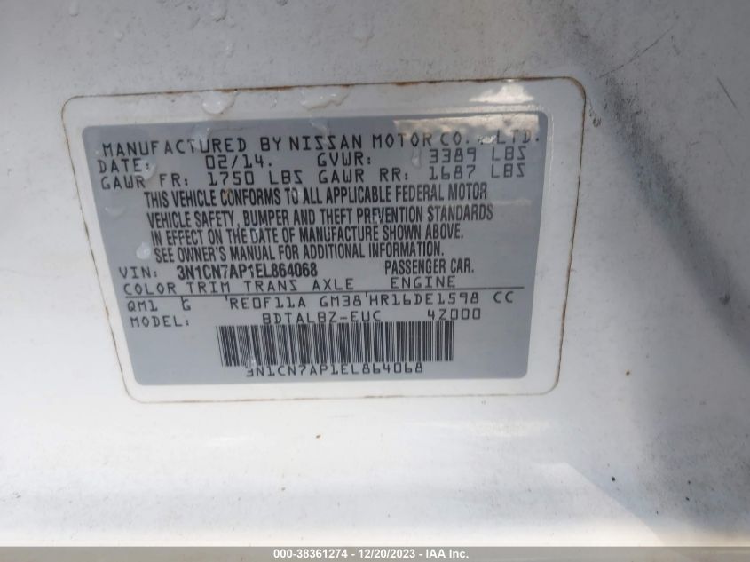 2014 NISSAN VERSA S/S PLUS/SV/SL - 3N1CN7AP1EL864068