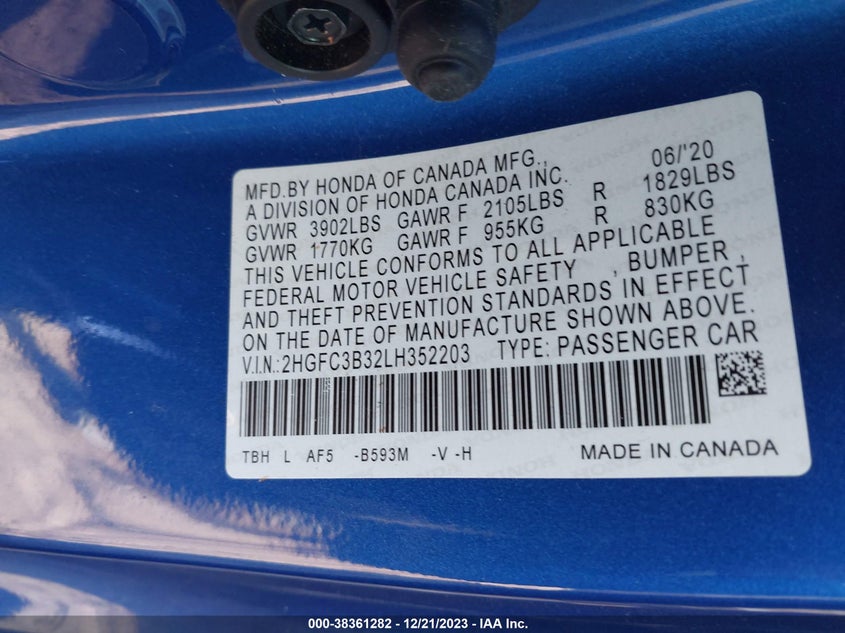 VIN 2HGFC3B32LH352203 2020 HONDA CIVIC EX