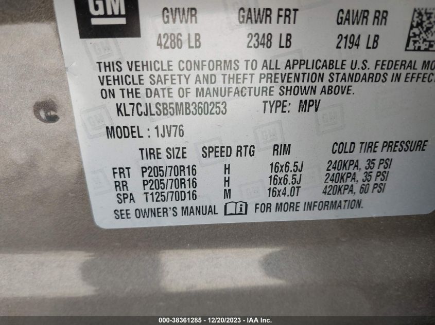 2021 CHEVROLET TRAX FWD LT - KL7CJLSB5MB360253
