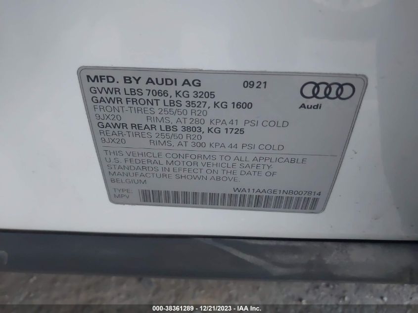 2022 AUDI E-TRON SPORTBACK SPORTBACK PREMIUM - WA11AAGE1NB007814