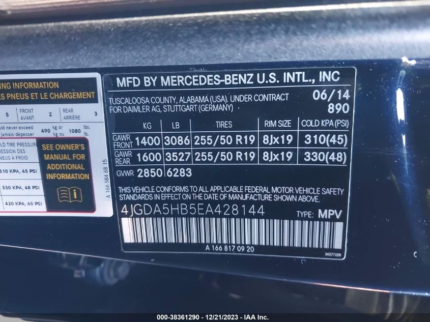 2014 MERCEDES-BENZ ML 350 4MATIC - 4JGDA5HB5EA428144