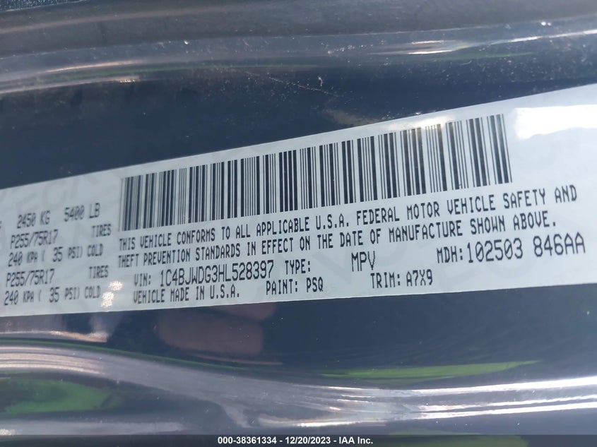 VIN 1C4BJWDG3HL528397 2017 JEEP WRANGLER UNLIMITED SPORT 4X4