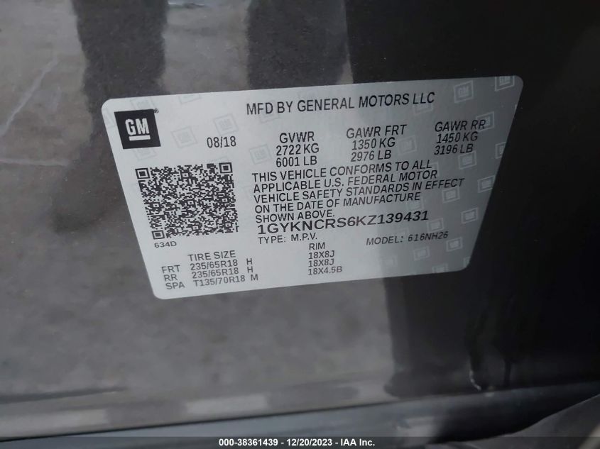 2019 CADILLAC XT5 LUXURY - 1GYKNCRS6KZ139431