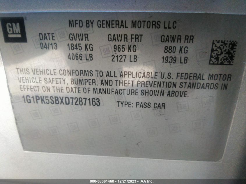 2013 CHEVROLET CRUZE LT - 1G1PK5SBXD7287163