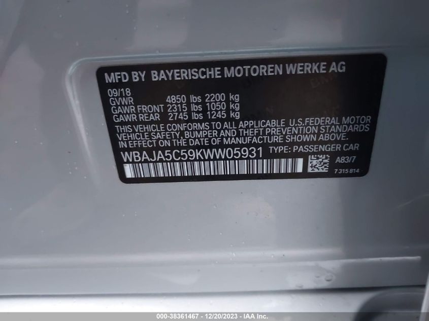 2019 BMW 530I WBAJA5C59KWW05931