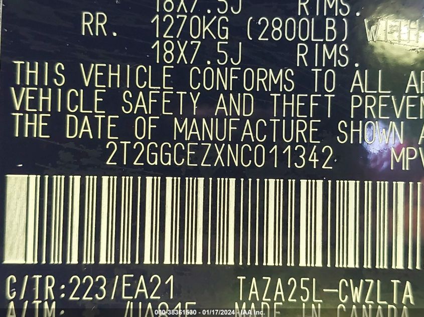 2022 LEXUS NX 350 350 2T2GGCEZXNC011342