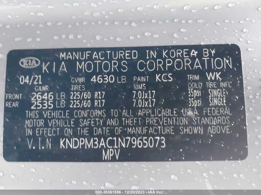 VIN KNDPM3AC1N7965073 2022 KIA SPORTAGE LX