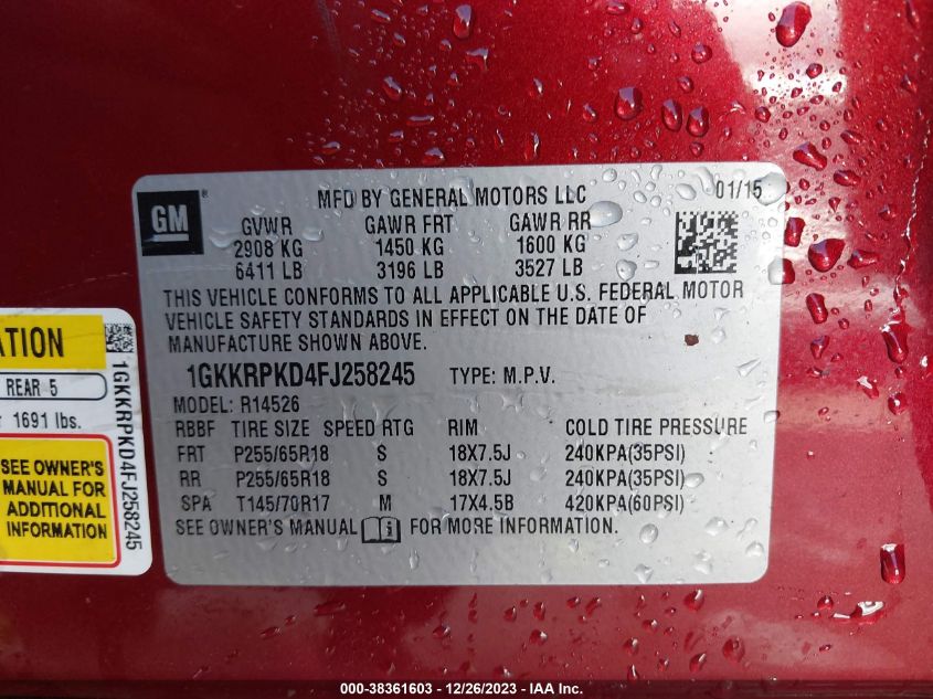 2015 GMC ACADIA SLE-2 - 1GKKRPKD4FJ258245